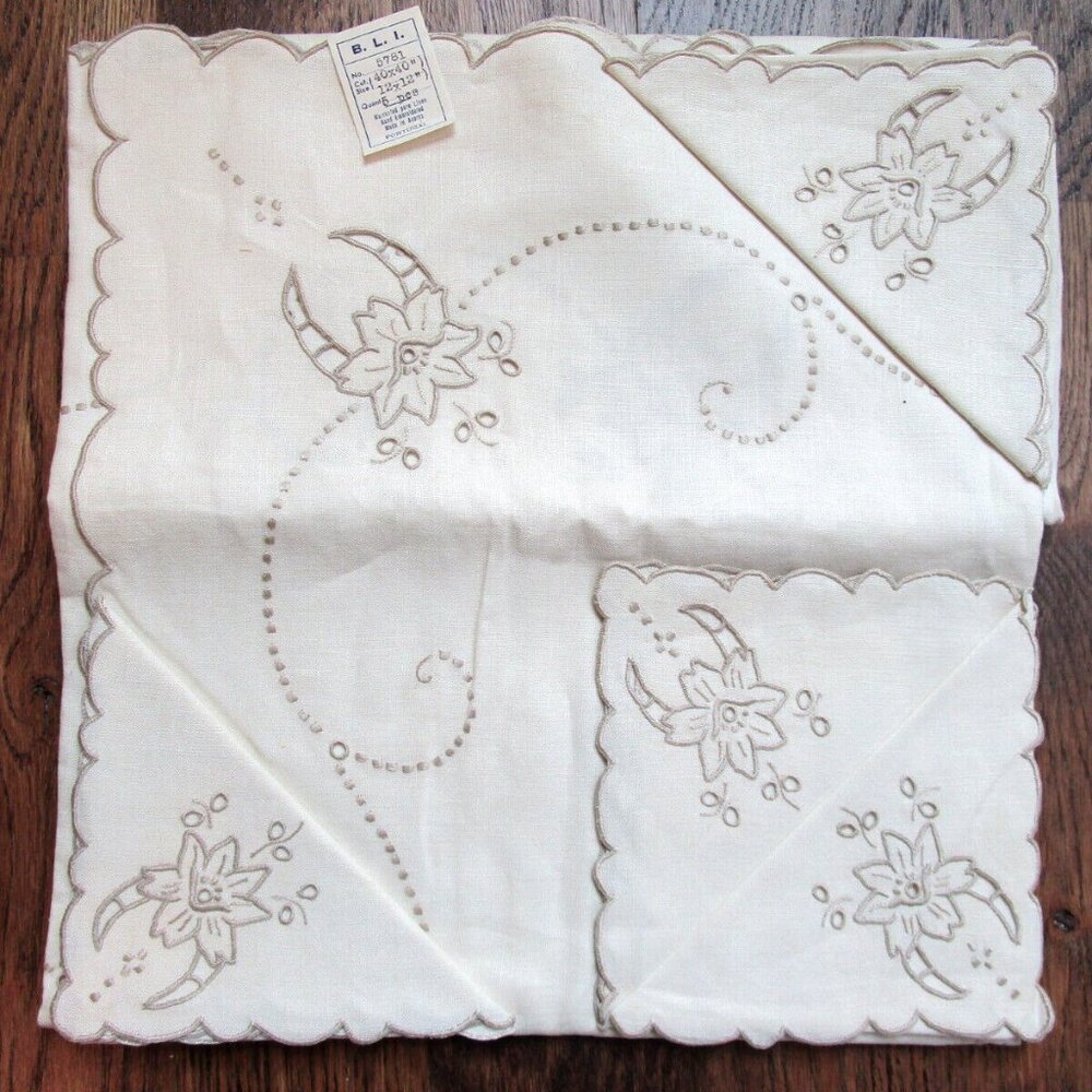 NEW Vtg 1950s BLI Embroidered Linen 40" x 40" Square Tablecloth + 4 Napkin Set
